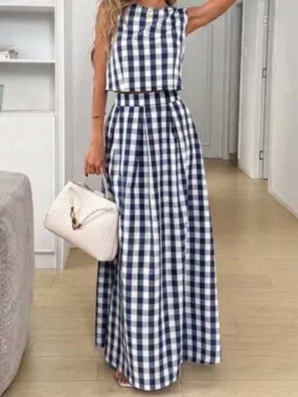ZARA Navy Blue Casual Women's Plaid Print Sleeveless Top And Skirt 2-Piece Set